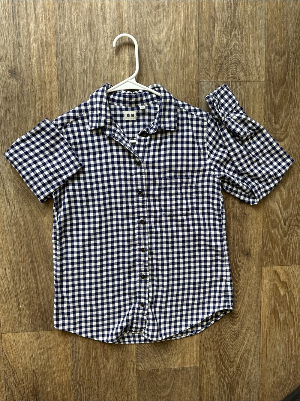 Uniqlo Navy Blue Gingham Checked Short Sleeve Button Down Shirt Size S